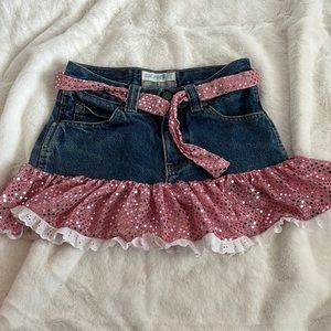 Old Navy Blue Skirt Pink Glitter Hem and Bow